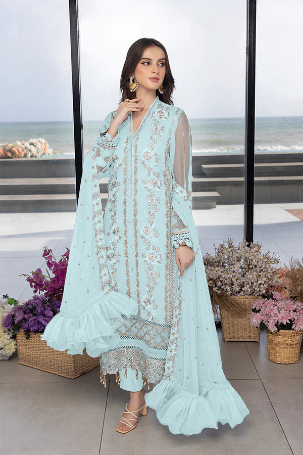 Sky Blue Georgette Kameez With Salwar Suit For Indian & Pakistani Wedding Festival Season - Thread & Embroidery Work