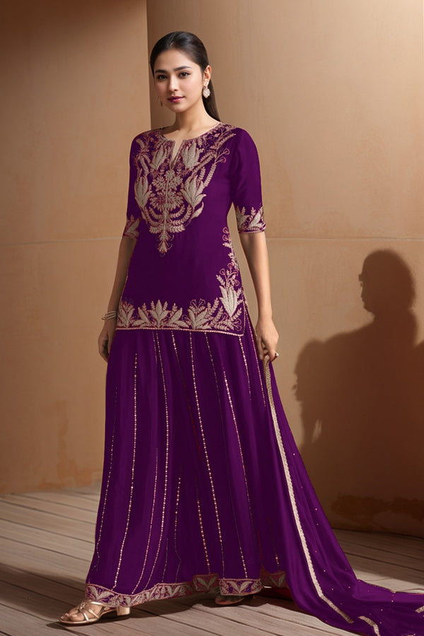 Pakistani Luxury Sharara Palazzo Set – Wine Front & Back Design Work With Chinon Dupatta