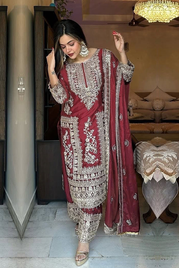 Ready To Wear Full Maroon Chinon Heavy Embroidered Pakistani Salwar Kameez With Chinon Dupatta