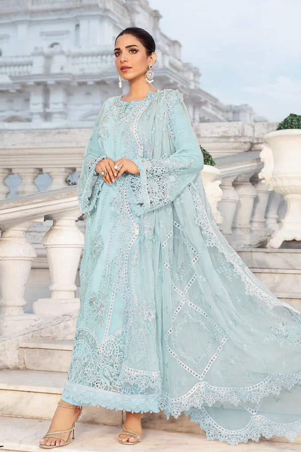 Straight Pakistani Long Salwar Kameez Sky Blue Moti Work With Heavy Embroidered Dupatta