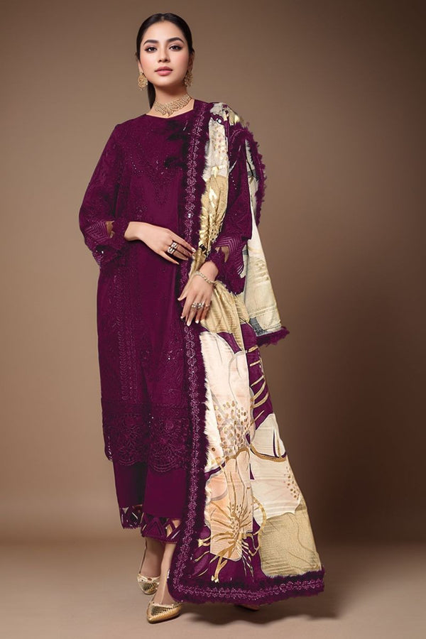 Pakistani Salwar Kameez Straight Cut Heavy Rayon Wine With Cotton Printed Dupatta