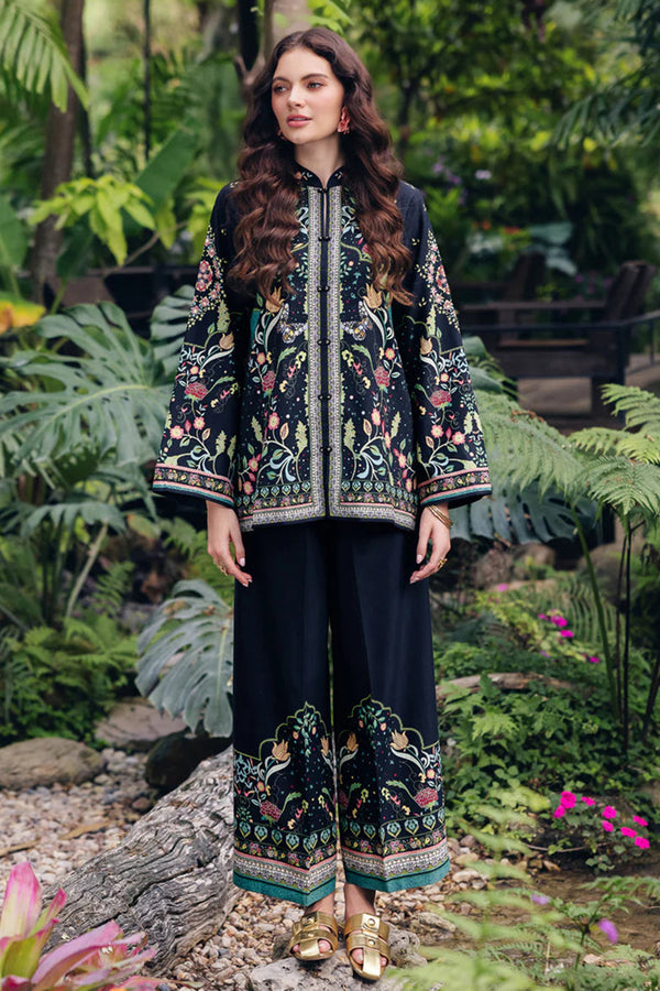 Elegant Black Floral Printed Pakistani Co-Ord Palazzo Set With Intricate Borders