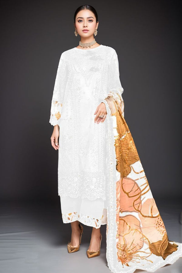 Pakistani Salwar Kameez Straight Cut Heavy Rayon White With Cotton Printed Dupatta