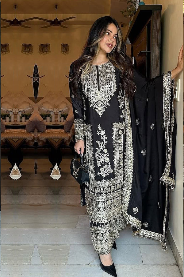 Ready To Wear Full Black Chinon Heavy Embroidered Pakistani Salwar Kameez With Chinon Dupatta