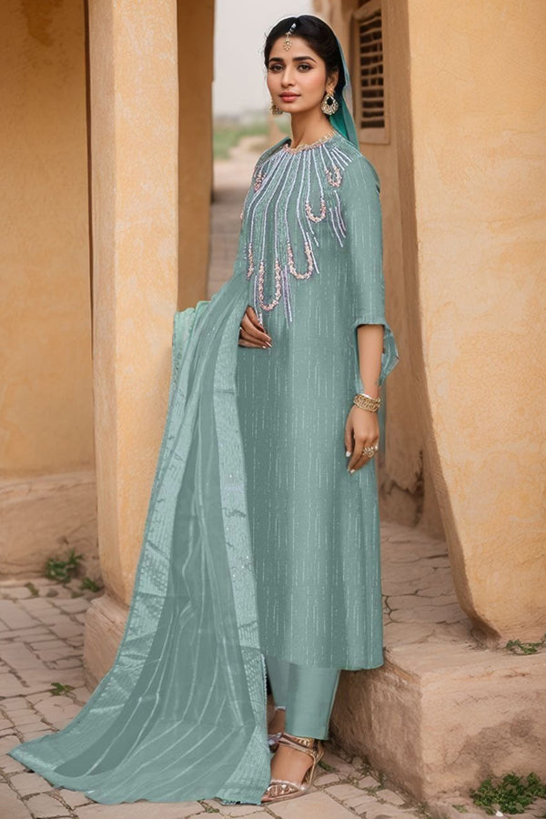Fully Stitched Sea Green Imported Crush Pakistani Salwar Kameez With Dark Organza Dupatta