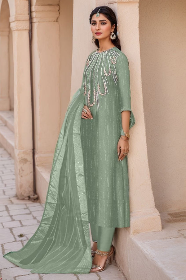 Fully Stitched Pista Imported Crush Pakistani Salwar Kameez With Dark Organza Dupatta