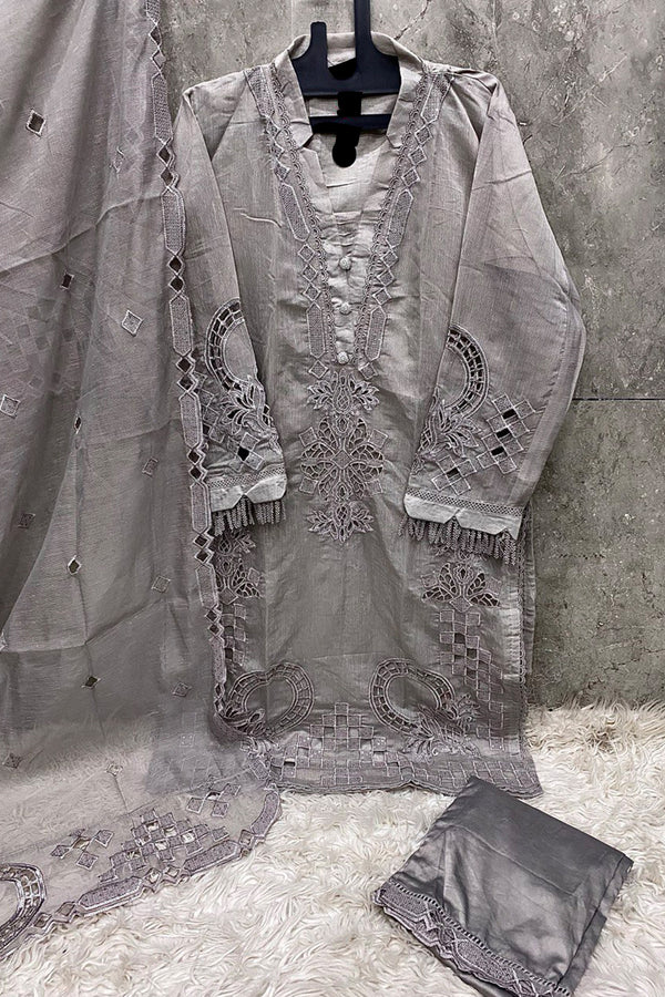 Readymade Organza Pakistani Light Chiku Salwar Kameez Embroidered With Premium Dupatta