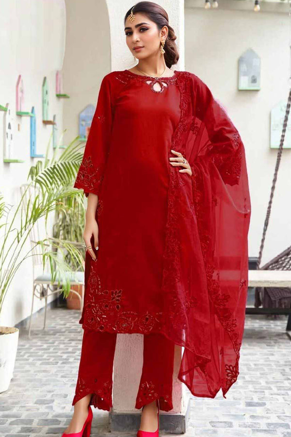 Ready To Wear Cut Work Red Pakistani Salwar Kameez Crystal Viscose With Organza Work Dupatta