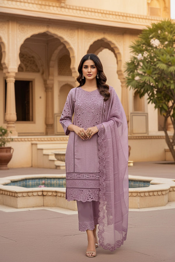 Stitched Classy Dusty Purple Crystal Embellished Viscose Pakistani Salwar Kameez With Organza Dupatta