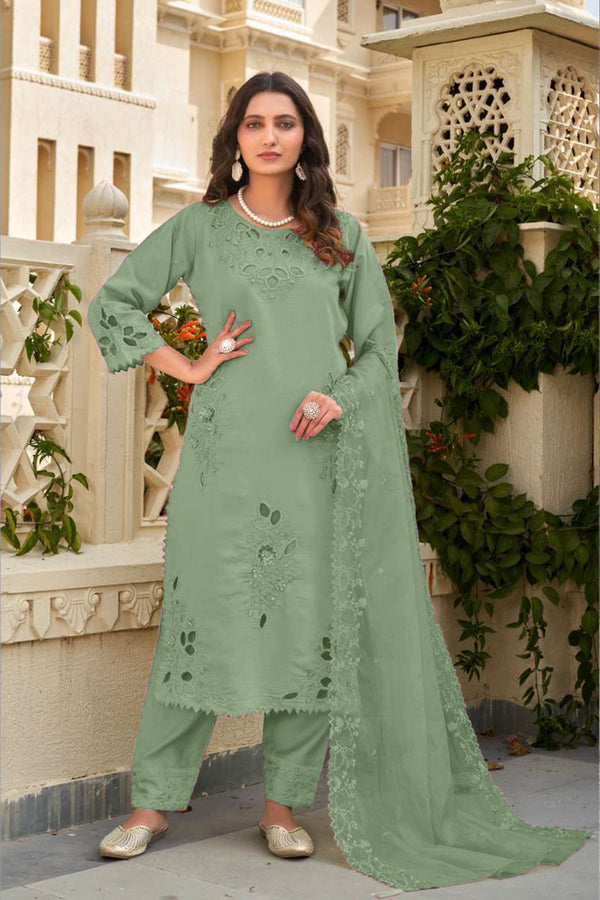 Readymade Dusty Pista Crystal Viscose Pakistani Salwar Kameez With Organza Dupatta
