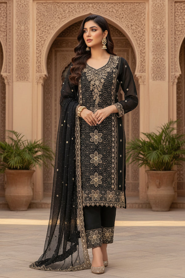 Party Wear Readymade Pakistani Salwar Kameez Black Georgette With Elegant Dupatta