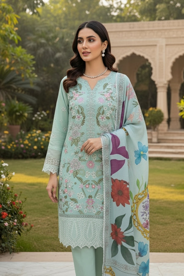 Full Stitched Mint Green Chiffon Embeoidered Pakistani Salwar Kameez With Cotton Printed Dupatta