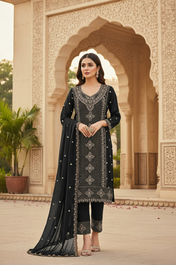 Readymade Wedding Special Black Georgette Pakistani Salwar Kameez With Georgette Dupatta