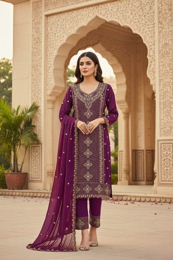 Readymade Wedding Special Wine Georgette Pakistani Salwar Kameez With Georgette Dupatta