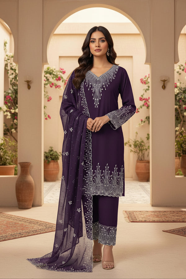 Latest Purple Readymade Pakistani Salwar Kameez Georgette With Georgette Dupatta