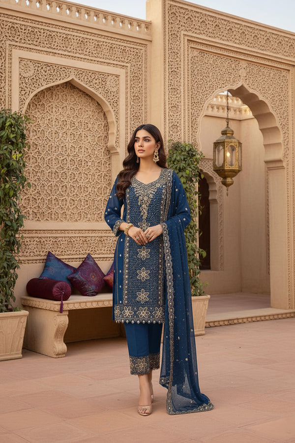Party Wear Readymade Pakistani Salwar Kameez Blue Georgette With Elegant Dupatta