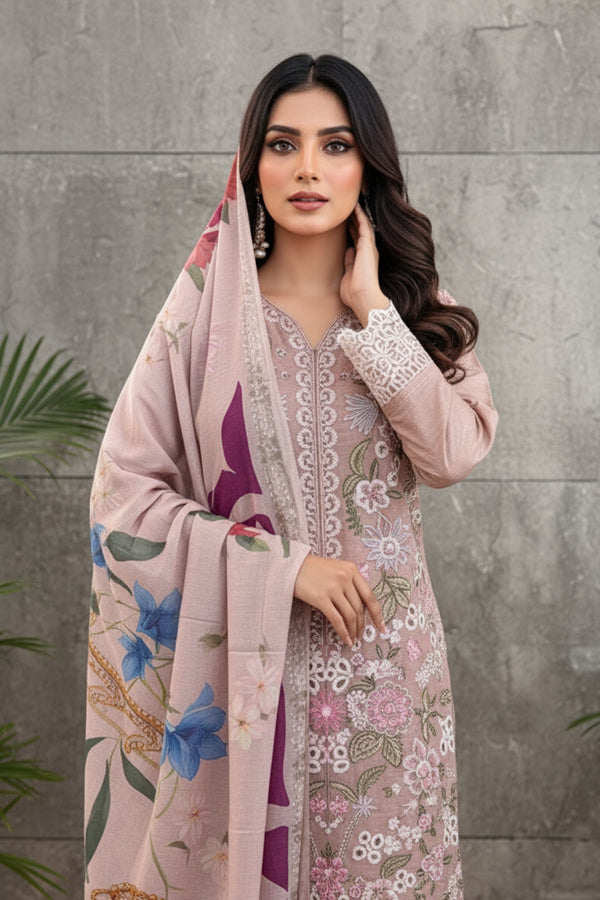 Full Stitched Chiku Chiffon Embeoidered Pakistani Salwar Kameez With Cotton Printed Dupatta