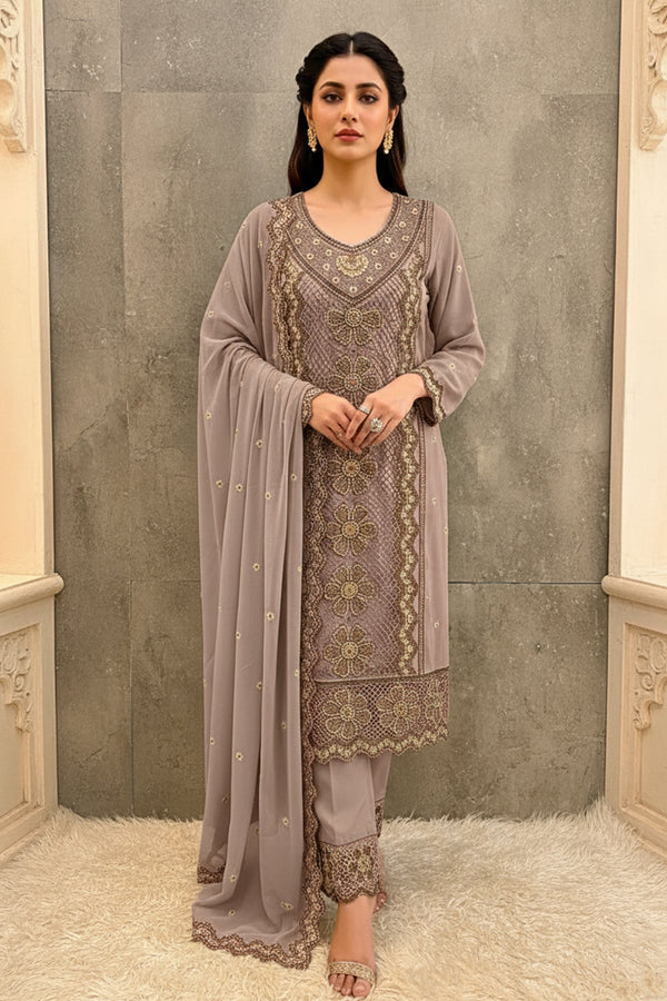 Readymade Brown Georgette Long Pakistani Salwar Kameez With Designer Dupatta