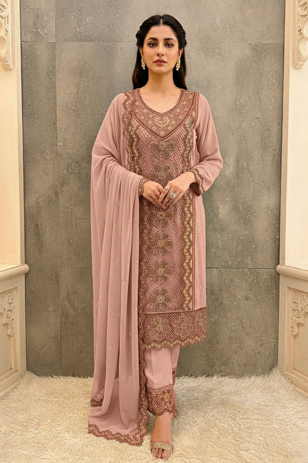 Readymade Dusty Pink Georgette Long Pakistani Salwar Kameez With Designer Dupatta