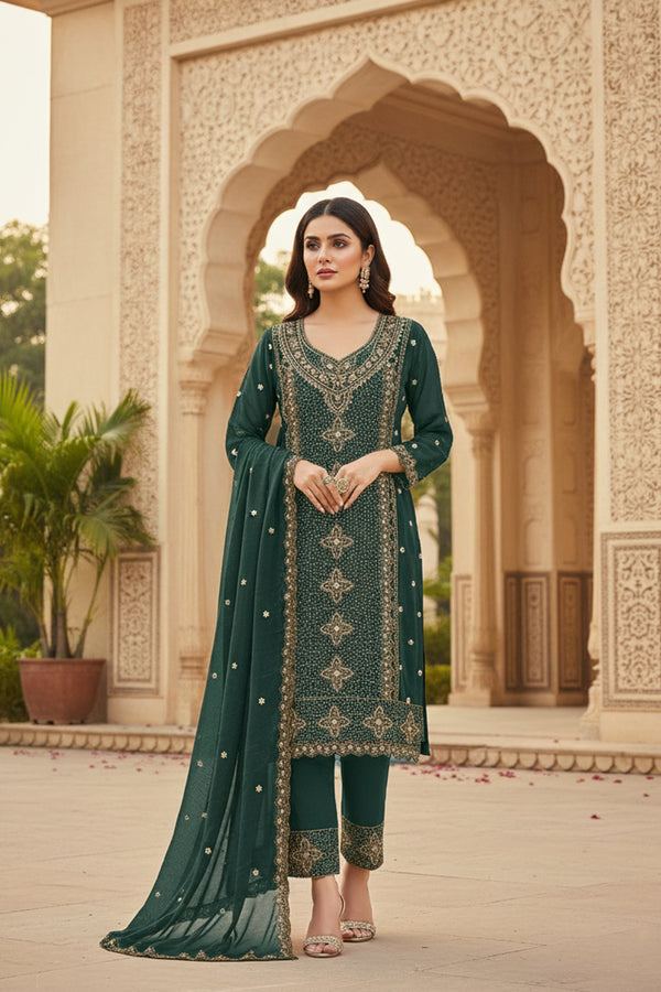 Readymade Wedding Special Green Georgette Pakistani Salwar Kameez With Georgette Dupatta