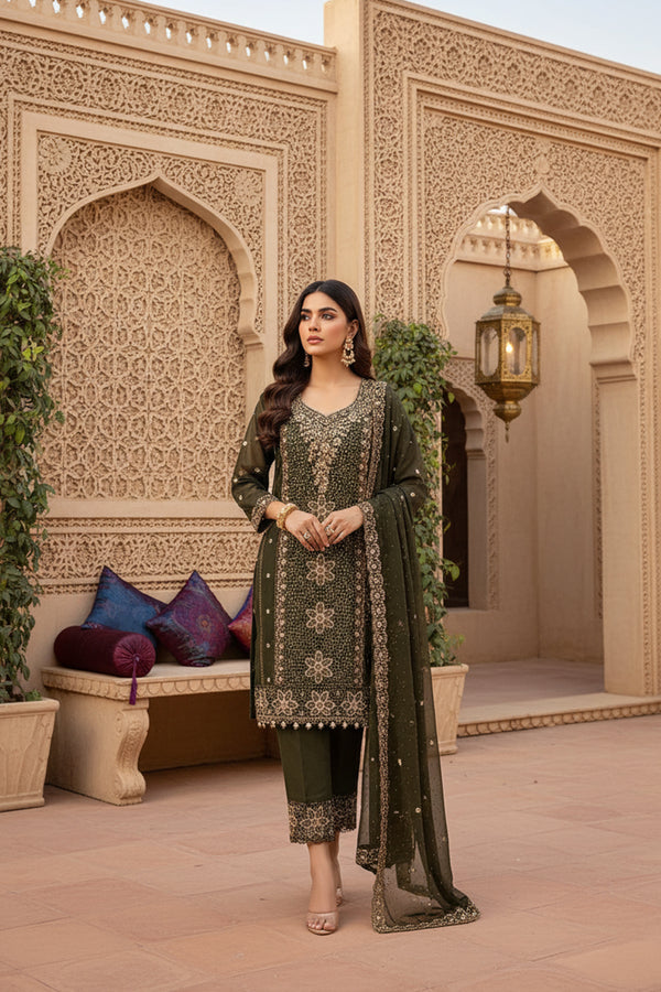 Party Wear Readymade Pakistani Salwar Kameez Mehndi Georgette With Elegant Dupatta