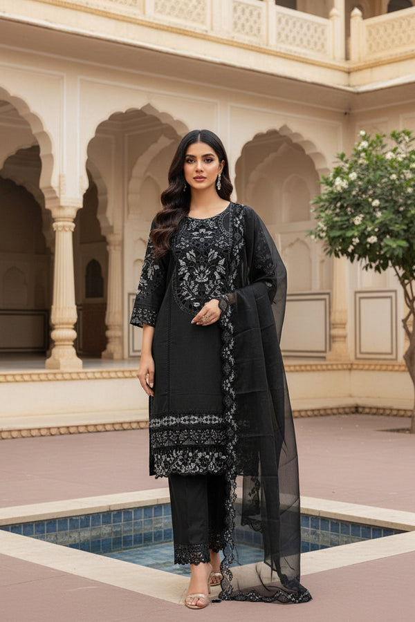 Stitched Pretty Black Crystal Embellished Viscose Pakistani Salwar Kameez With Organza Dupatta