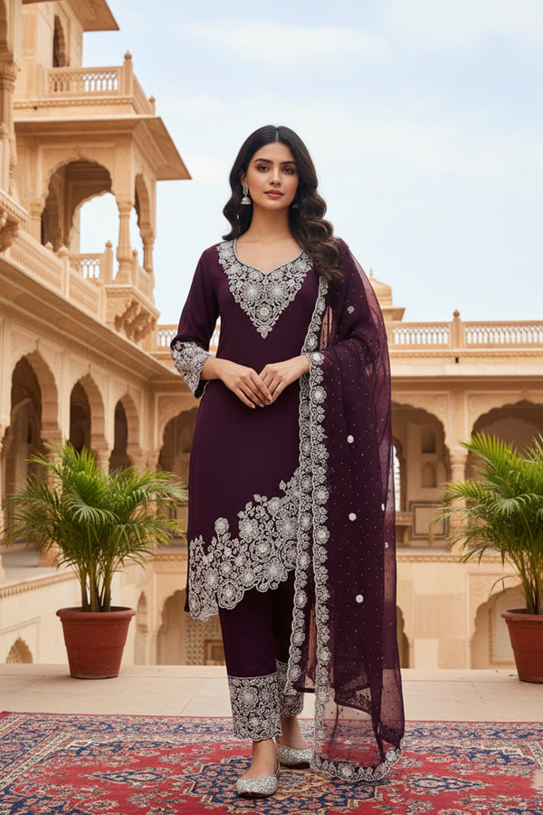 Festive Wear Pakistani Readymade Chikankari Salwar Kameez Wine With Georgette Dupatta