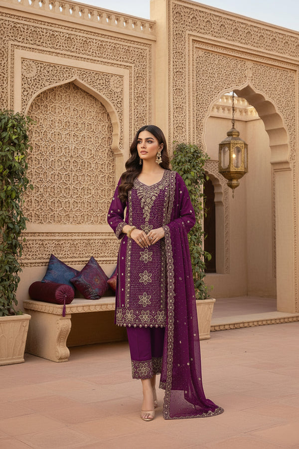 Party Wear Readymade Pakistani Salwar Kameez Wine Georgette With Elegant Dupatta