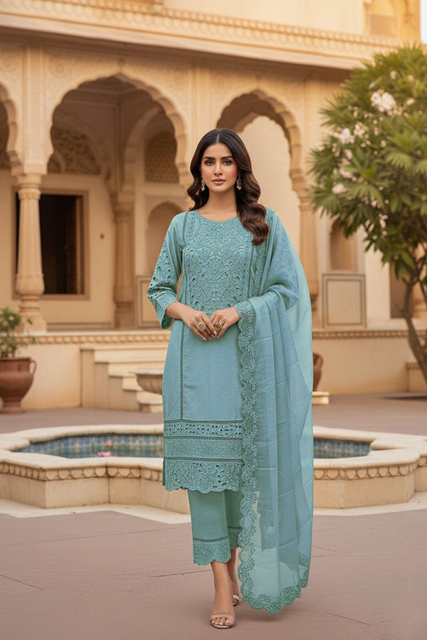 Stitched Pretty Dusty Mint Crystal Embellished Viscose Pakistani Salwar Kameez With Organza Dupatta