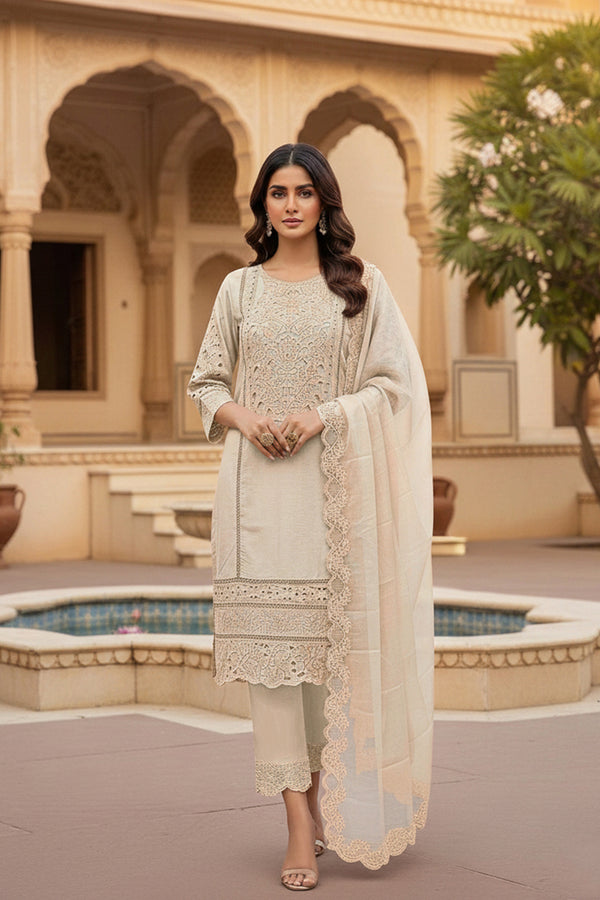 Stitched Pretty Cream Crystal Embellished Viscose Pakistani Salwar Kameez With Organza Dupatta