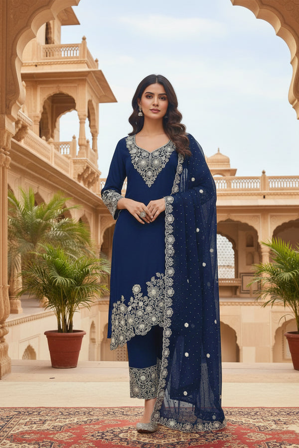 Festive Wear Pakistani Readymade Chikankari Salwar Kameez Navy Blue With Georgette Dupatta