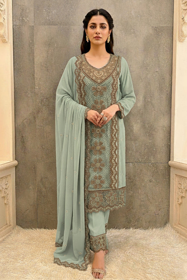 Readymade MInt Pista Georgette Long Pakistani Salwar Kameez With Designer Dupatta
