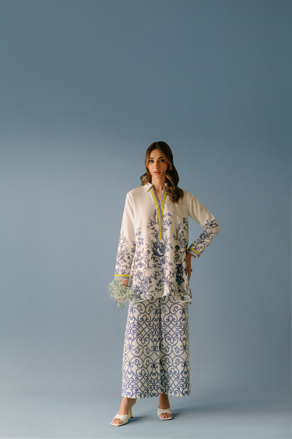 Trendy Pakistani White Kurta With Blue Printed Palazzo Daily Wear Palazzo Co-Ord Set