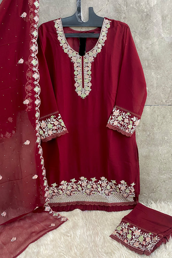 Festive Ready To Wear Maroon Ethnic Set Georgette With Embroidery Dupatta Work