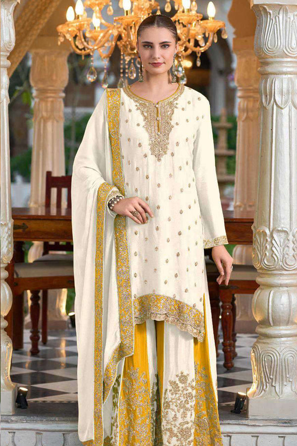 Wedding Special Ethnic Wear White & Yellow Embroidered Heavy Chinon Suit Kurta Palazzo With Dupatta