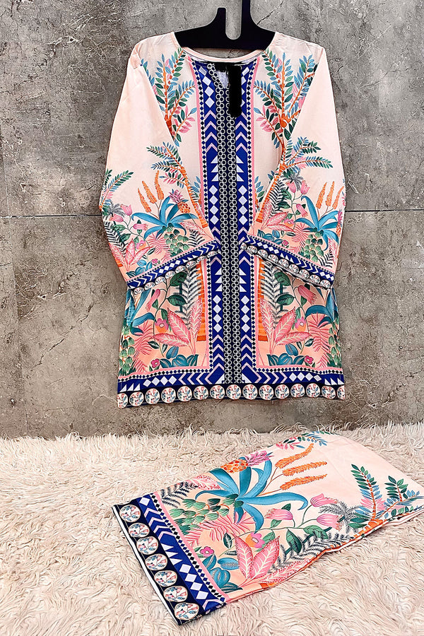 Peach & Blue Designer Pakistani Co-Ord Palazzo Set – Rayon Satin Printed For Women