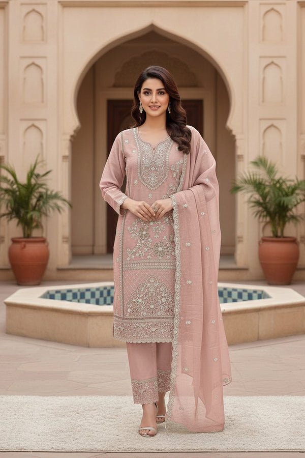 Full Stitched Pakistani Tunic Style Light Pink Salwar Kameez Heavy Chiffon With Dupatta
