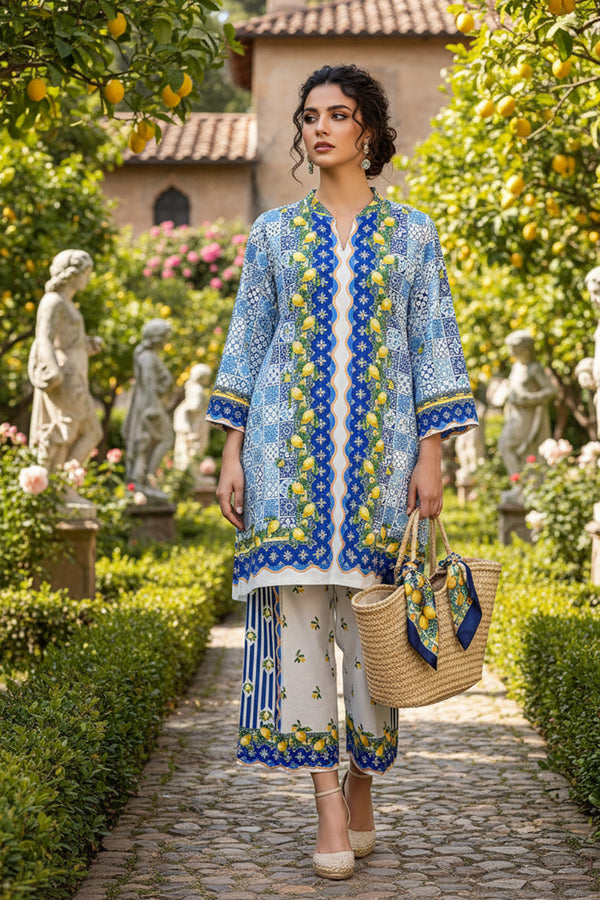 Ready To Wear Blue & White Rayon Satin Multi Flower Printed Pakistani Co-Ord Palazzo Set
