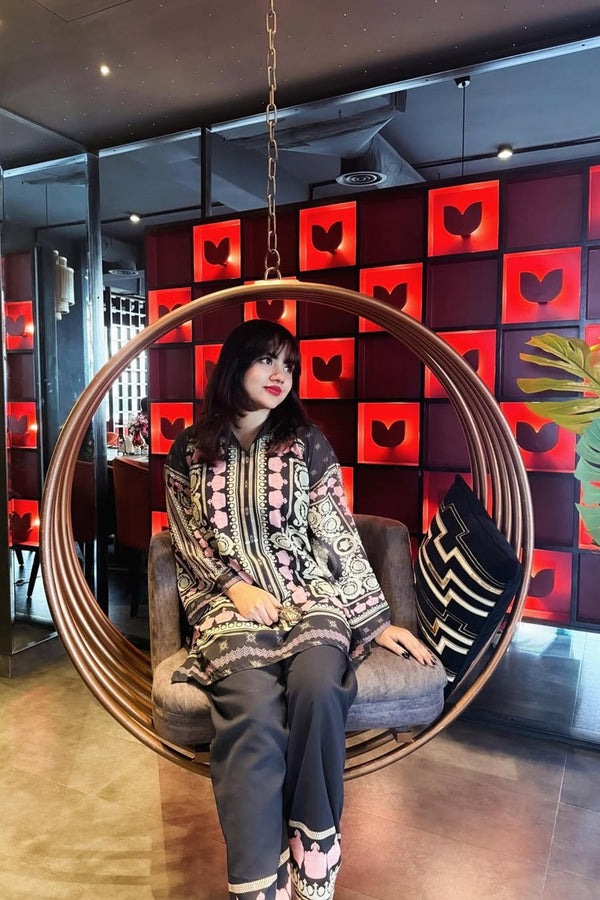 Black & Multi Floral Printed Outfit Graceful Pakistani Palazzo Co-Ord Set