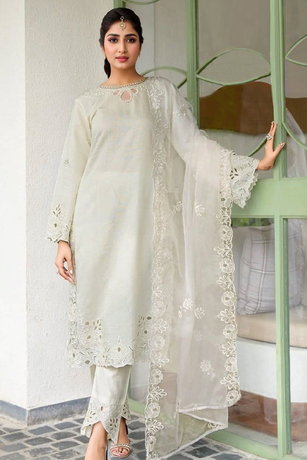 Ready To Wear Cut Work White Pakistani Salwar Kameez Crystal Viscose With Organza Work Dupatta