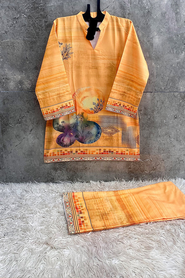 Mustard Yellow Abstract & Floral Printed Pakistani Palazzo Co-Ord Set With Geometric Borders