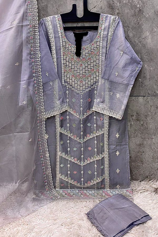 Pakistani Ready to Wear Purple Organza Dress – Detailed Khatli Embroidery and Fancy Dupatta