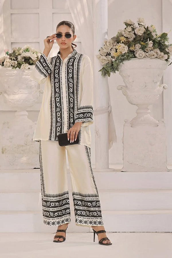 Premium Beautiful Black & White Floral Printed Pakistani Palazzo Co-Set