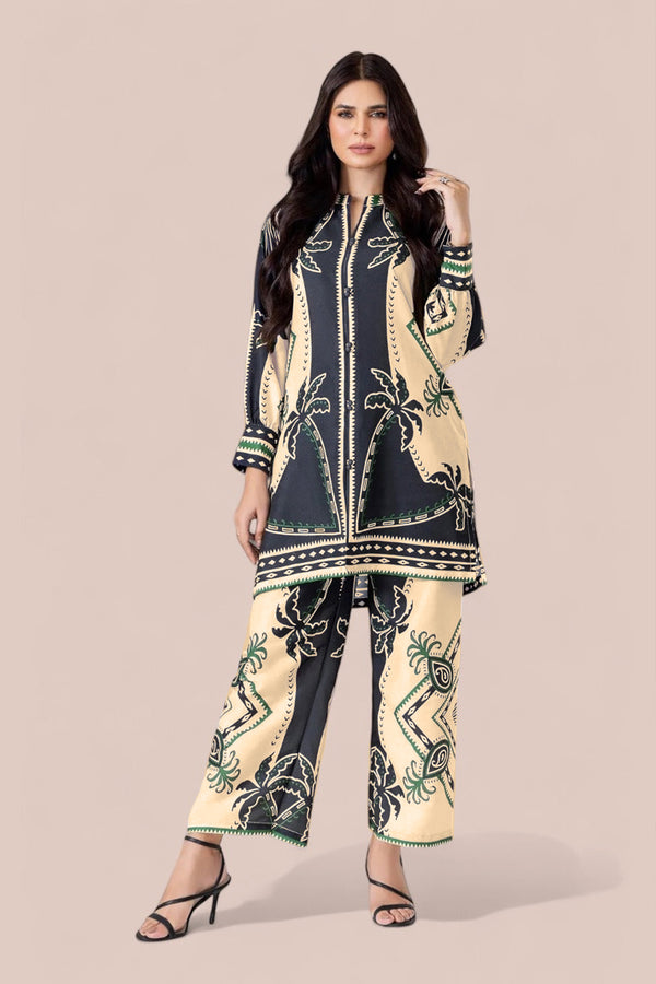Exclusive Designer Beige Black Pakistani Printed Co-Ord Palazzo Kurta Suit