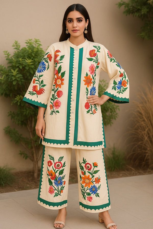 Trendy Off-White Floral Printed Kurti & Palazzo Co-Ord Set With Contrast Green Finishing