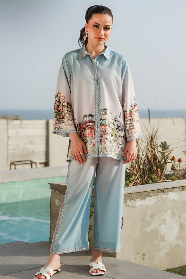 Luxury Rayon Satin Designer White & Blue Pakistani Casual Co-Ord Palazzo Set For Women