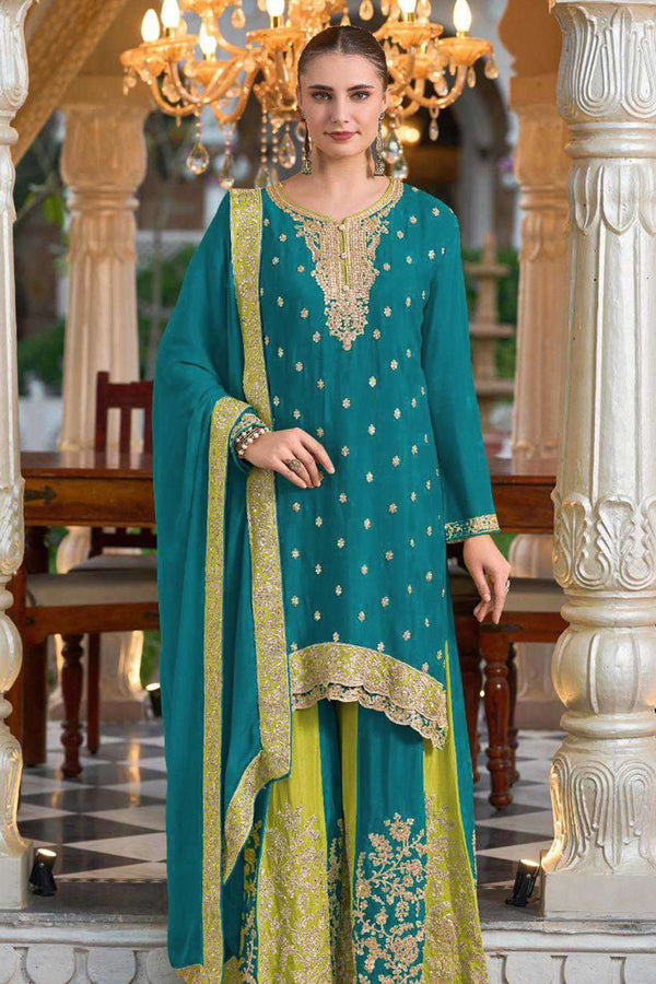 Wedding Special Ethnic Wear Rama Embroidered Heavy Chinon Suit Kurta Palazzo With Dupatta