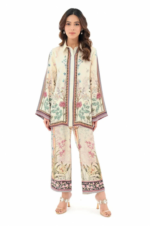 Modern Cream Floral Print Pakistani Palazzo Co-Ord Set – Stylish Women’s Party Wear