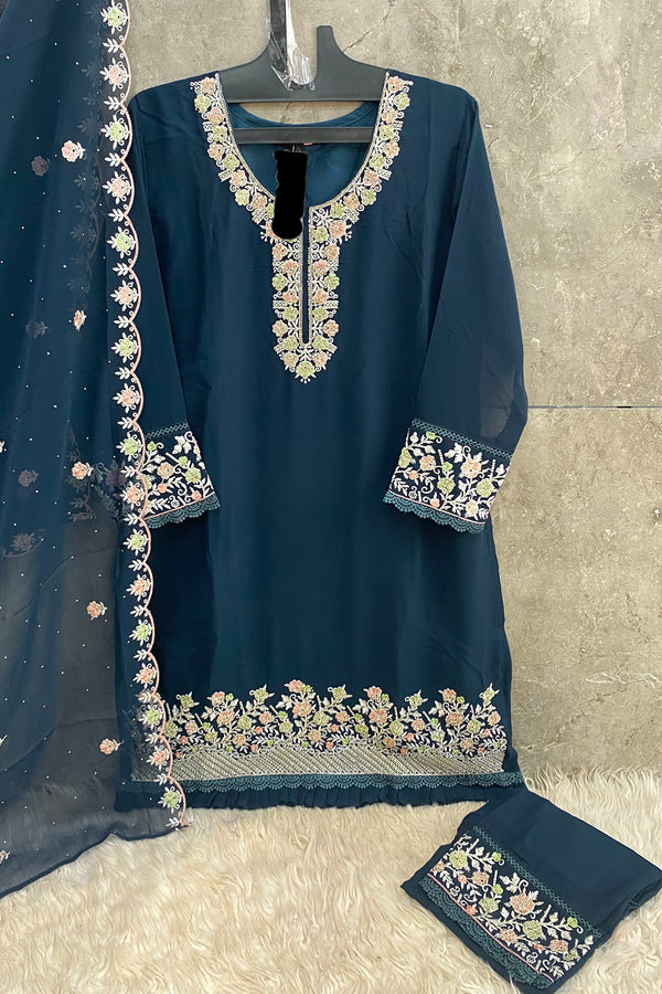 Festive Ready To Wear Dark Blue Ethnic Set Georgette With Embroidery Dupatta Work