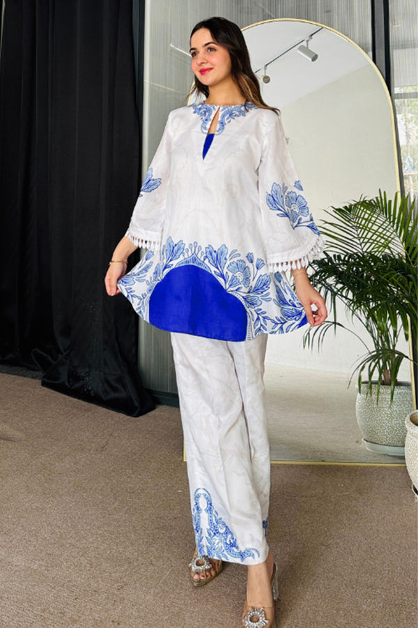 Rayon Satin White & Blue Floral Printed Pakistani Co-Ord Palazzo Set-Readymade
